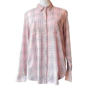 Laura Scott women's size Large pink plaid lightweight roll tab button up shirt